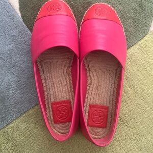 Tory Burch Deep Pink/Red Leather Espadrille Flats Cap Toe Women's Size 8.5